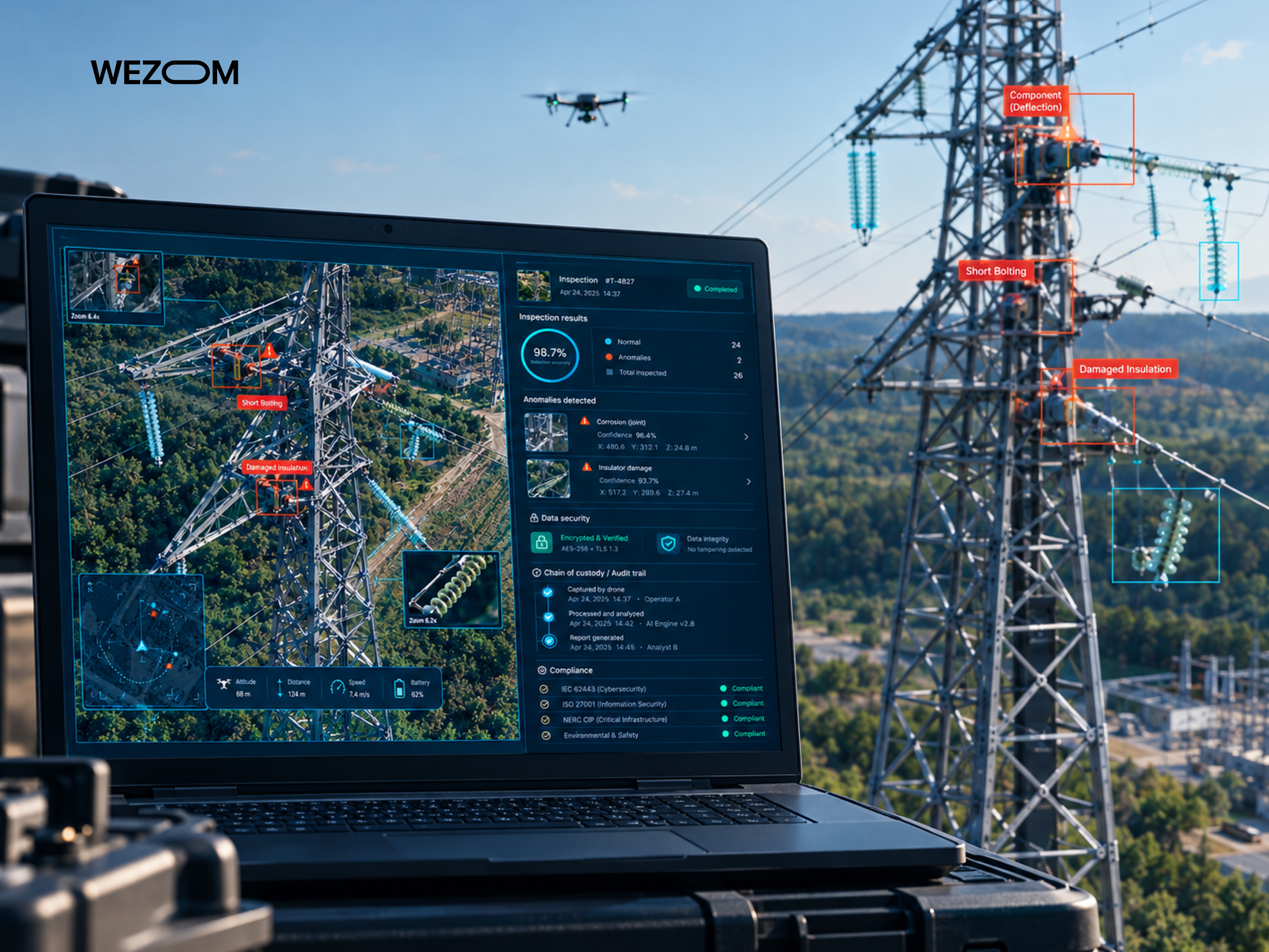 Drone tower inspection software detecting defects and damaged insulation on electrical infrastructure Drone tower inspection software detecting defects and damaged insulation on electrical infrastructure